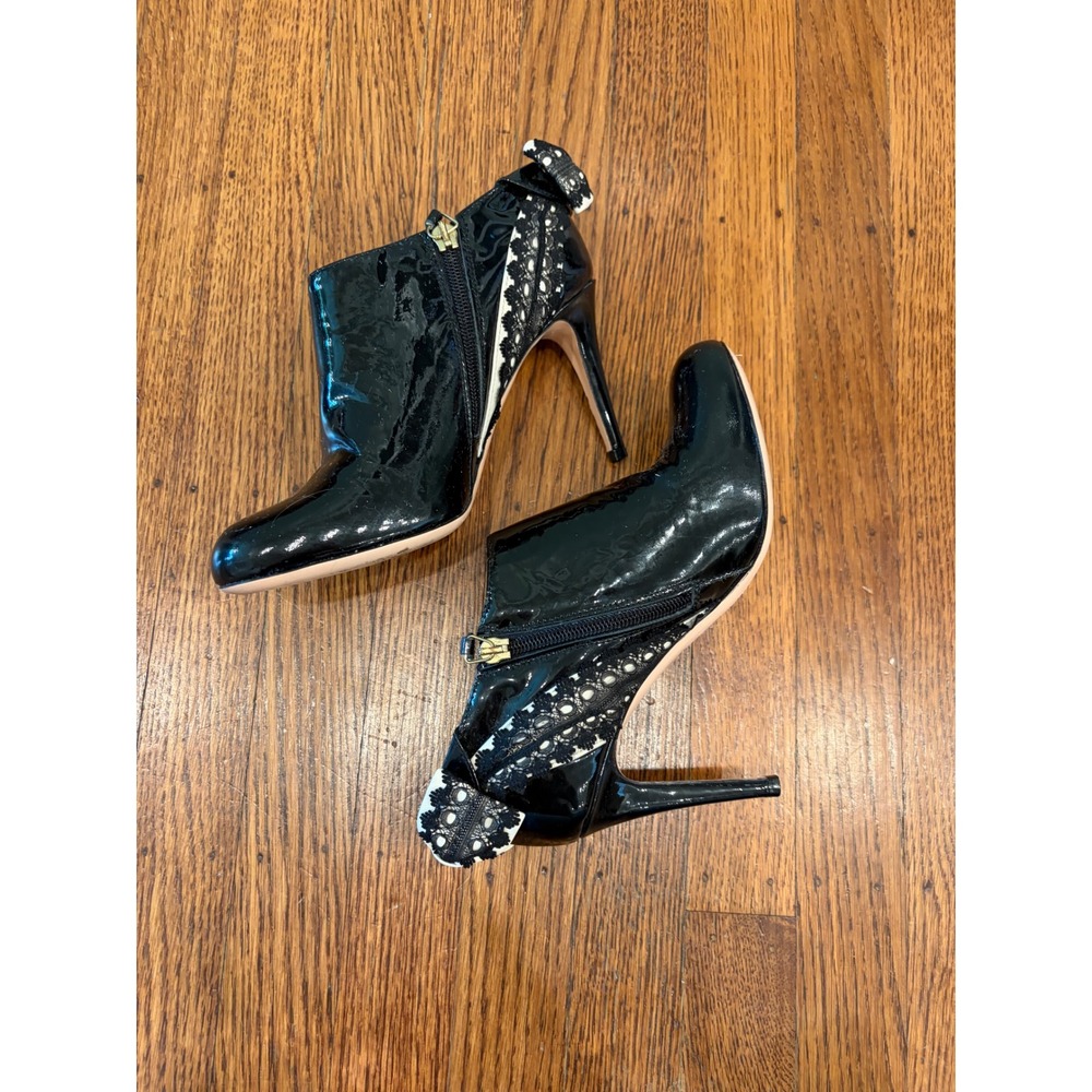 RED Valentino Patent Lace Bow Booties Black White Stiletto Heels EU 37.5